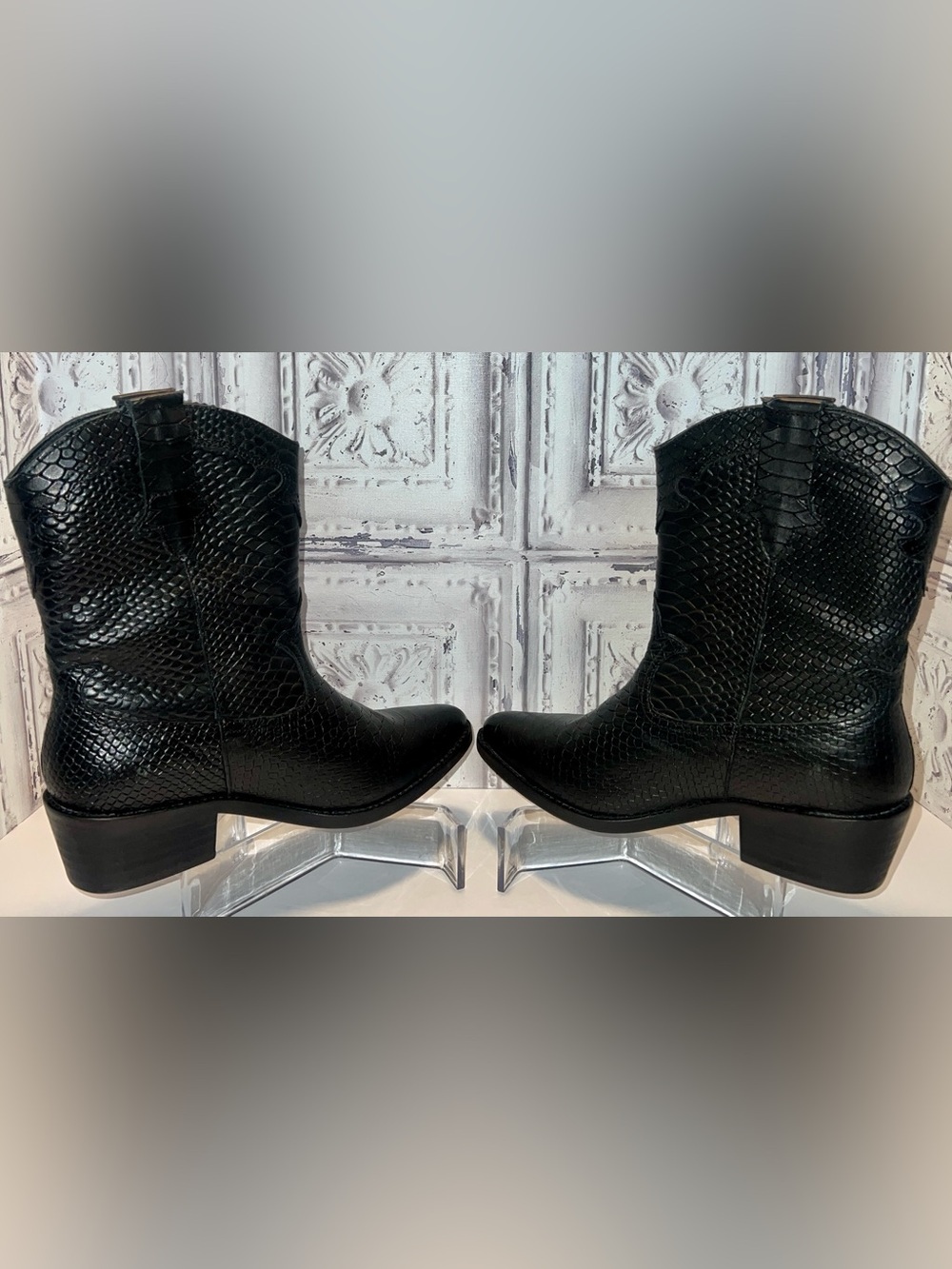 NIB Crown Vintage Black Snakeskin Embossed Leather Cowboy Boots - Women's 8 - Picture 4 of 16